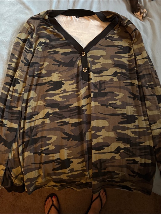 None Tops - Women’s Camouflage Long-Sleeve Henley Tee - Olive Camo